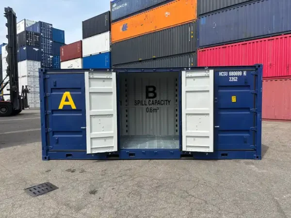 20OD200420RAL5013 20 Fuss Container mit offener Seite und Auffangwanne
